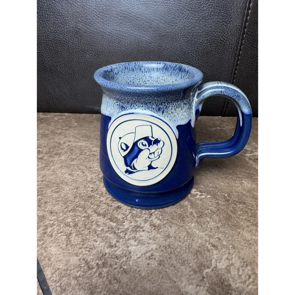 RARE 2012 Buc-ees Beaver Logo Blue Drip Glaze Mug Deneen Hand Thrown Pottery